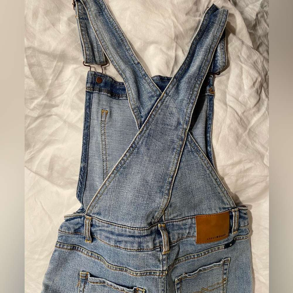 LUCKY BRAND Denim Overalls Washed Ripped Bib Crop Distressed Raw Edge Jeans 12 - Picture 3 of 13